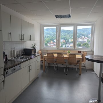 Eine weiße Küchenzeile mit Spülmaschine, Waschbecken und Mikrowelle. Hellbrauner Holztisch mit Stühlen steht vor einer Fensterfront.