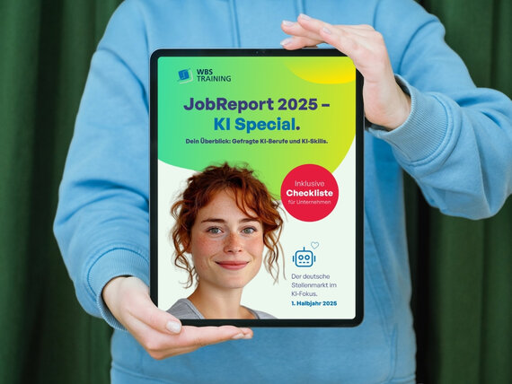 Person hält Tablet mit Whitepaper „JobReport 2025 – KI Special“ in beiden Händen