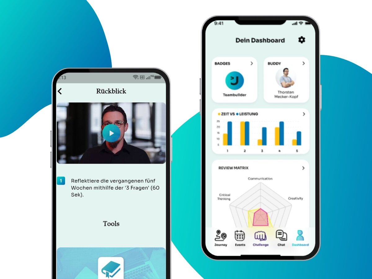 Zwei Screenshots der WBS TRAINING | PRO App, die eine Aufgabe und das Dashboard zeigen.