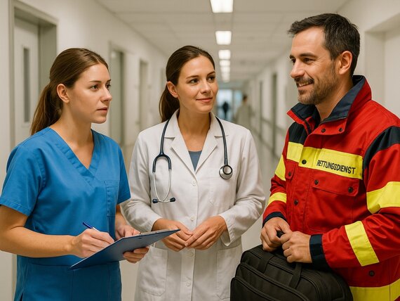  Eine Notärztin, eine Pflegefachkraft und ein Rettungssanitäter stehen im Gespräch und tauschen sich im Klinikflur über einen Einsatz aus.