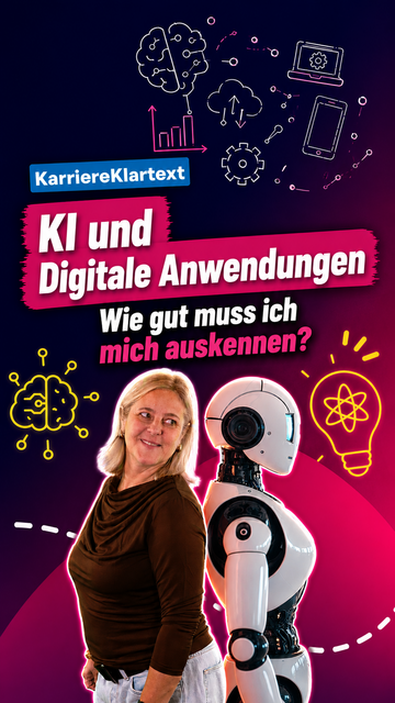 Frau und humanoider Roboter stehen Rücken an Rücken vor dunkelviolettem Hintergrund mit Symbolen für Gehirn, Datenwolke, Zahnräder, Smartphone, Atom und Glühbirne