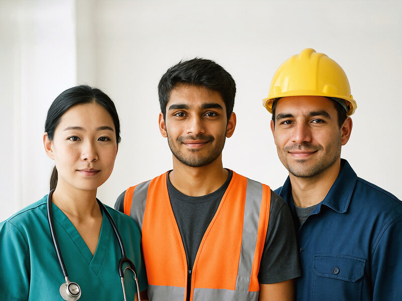 Eine junge Pflegerin, ein junger Mann mit Warnweste, der in der Logistik arbeitet und ein Bauingenieur mit Schutzhelm
