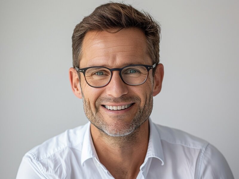 Porträt adretten Mannes mit Brille und dezentem Bart, der sympathisch in die Kamera lächelt.
