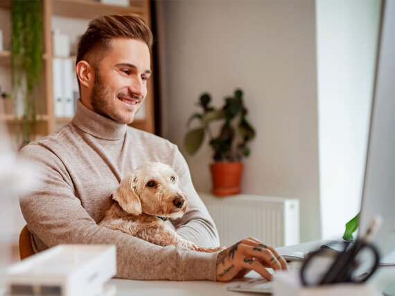 Ein junger, moderner Mann sitzt mit einem Hund auf dem Arm vor seinem Laptop im Homeoffice.
