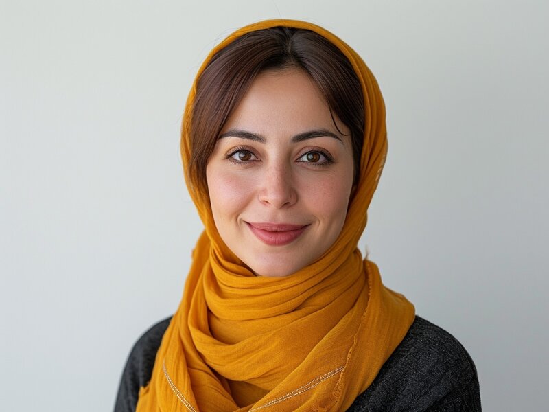 Porträt einer Frau, die ein gelbes Hijab trägt und zaghaft in die Kamera lächelt