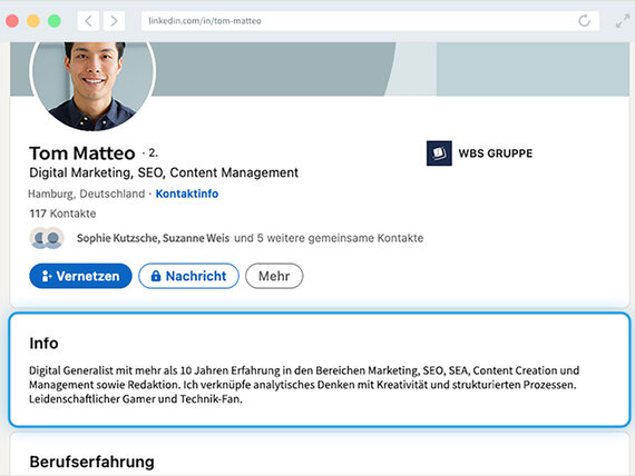 LinkedIn Profil mit dem Infobereich.