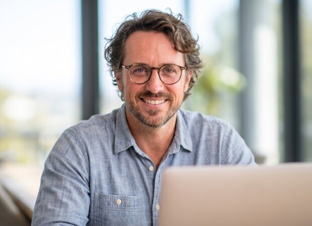 Mann mit hellblauem Hemd sitzt vor einem Laptop in einem hellen Raum mit großen Fenstern