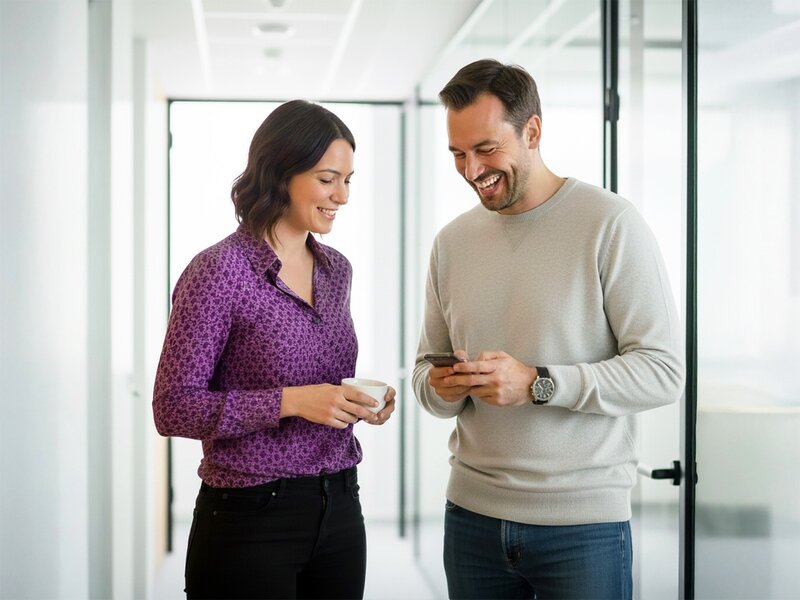 Eine Frau und ein Mann stehen im Gang eines Büros und schauen erfreut auf ein Smartphone.