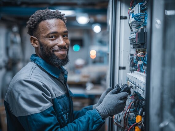 Eine männliche person of color arbeitet an Elektronik
