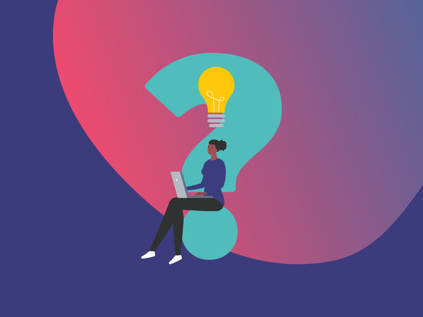 Illustration einer Person mit Laptop auf dem Schoß und großem Fragezeichen