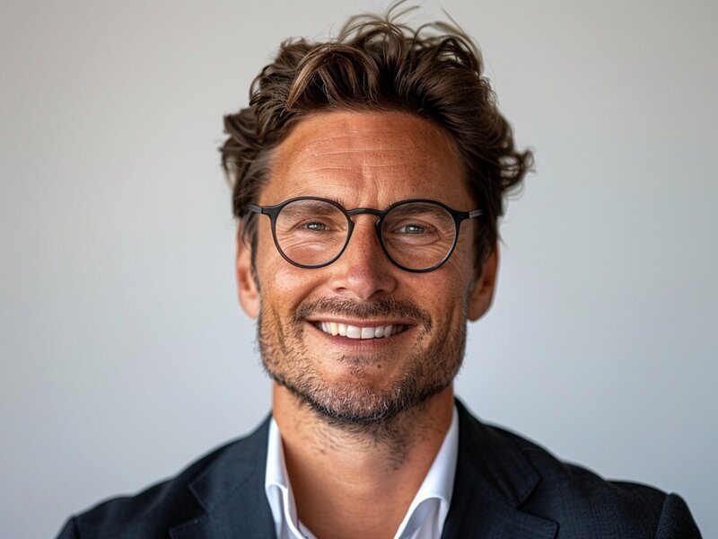 Porträt eines stilvoll gekleideten Mannes mit Brille und 3-Tage-Bart, der freundlich lächelt.