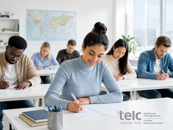 students in classroom writing an exam. telc logo on the right corner of the picture