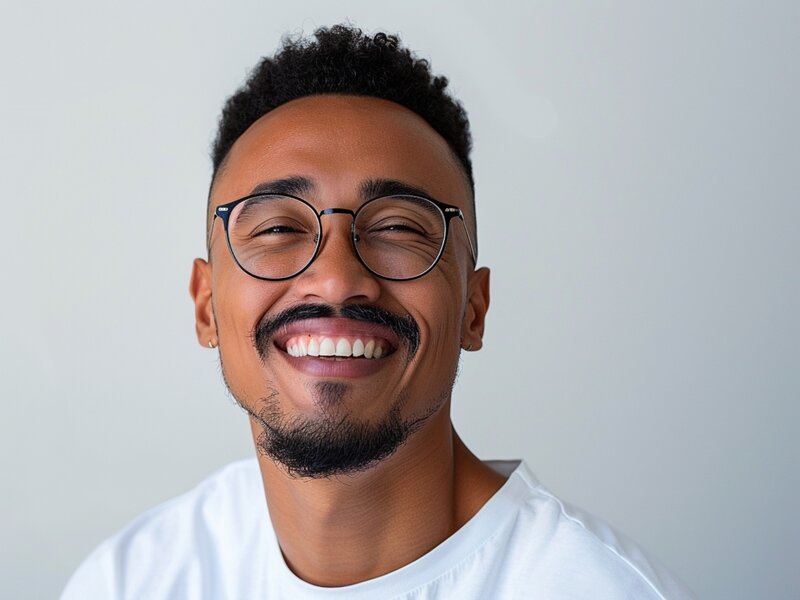 Porträt eines jungen Mannes mit gekraustem, schwarzen Haar und Brille, der fröhlich lacht 