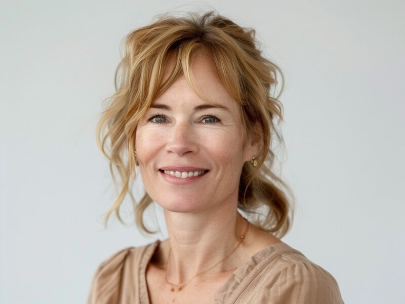 Porträt einer eleganten, blonden Frau, die zurückhaltend in die Kamera lächelt