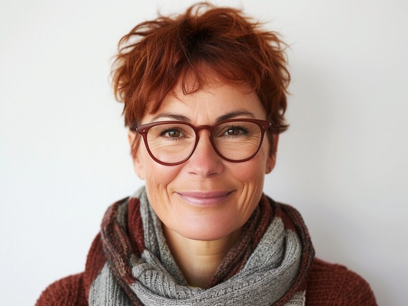 Porträt einer Frau im herbstlichen Look, mit kurzen rot-braunen Haaren und Brille, die freundlich lächelt