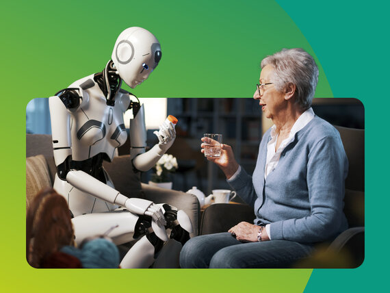 Roboter und ältere Frau sitzen sich im Sessel gegenüber