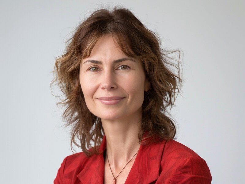 Porträt einer seriösen Frau mit rotem Blazer, die entschlossen in die Kamera schaut