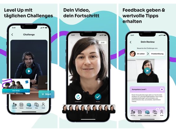 Screenshots der App Karriere Games, die eine tägliche Challenge zeigen, eine Videodokumentation und die Review..