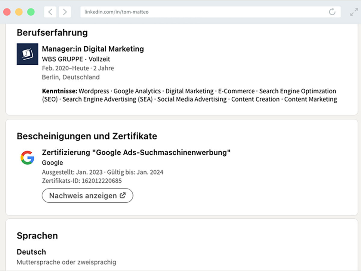 LinkedIn Berufserfahrung LinkedIn Profil mit dem Bereich Berufserfahrung.