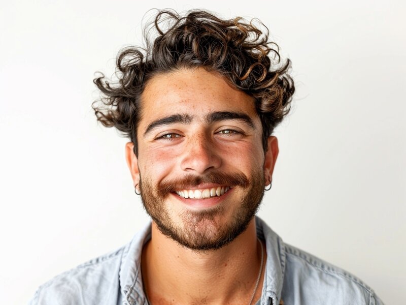 Porträt eines jungen, modernen Mann mit braunen Locken, Bart und Ohrringen, der freundlich lacht.