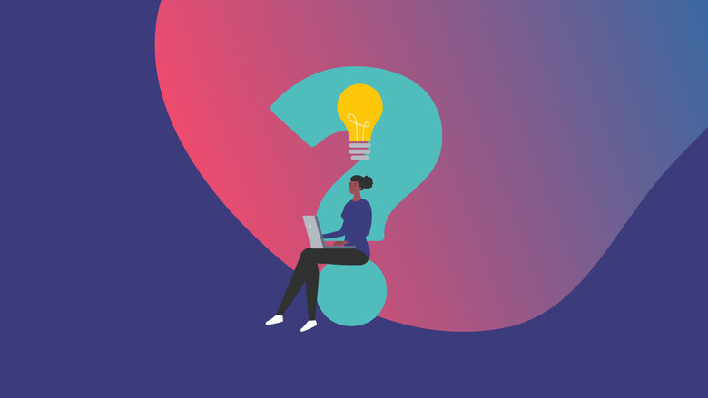 Illustration einer Person mit Laptop auf dem Schoß und großem Fragezeichen