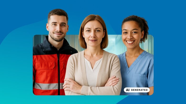 Ein junger Mann in Notfallsanitäteruniform, eine Frau mittleren Alter und eine junge Frau, die als Pflegefachkraft arbeitet, schauen frontal in die Kamera