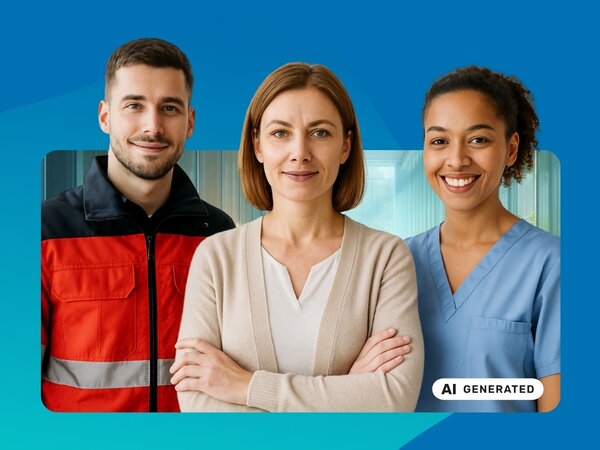 Ein junger Mann in Notfallsanitäteruniform, eine Frau mittleren Alter und eine junge Frau, die als Pflegefachkraft arbeitet, schauen frontal in die Kamera