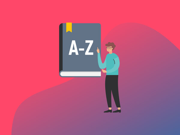 Eine Person steht vor einer Tafel mit den Buchstaben A-Z.