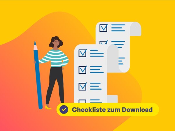 Illustration einer Frau mit riesigem Stift und großer Checkliste aus Papier.