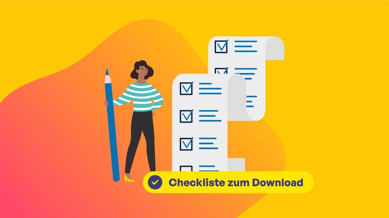 Illustration einer Frau mit riesigem Stift und großer Checkliste aus Papier.
