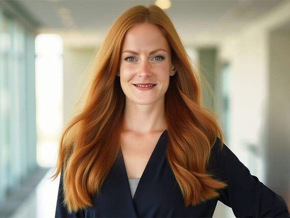 Eine Frau mit Blazer und langen rötlichen Haaren.
