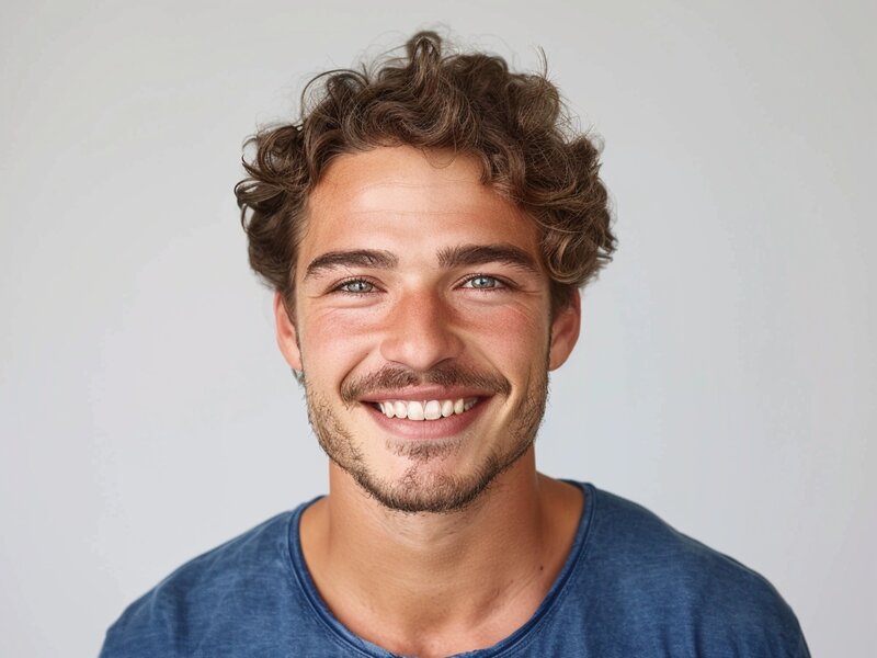 Porträt eines lässigen Mannes mit blonden Locken und 3-Tage-Bart, der freundlich lächelt.