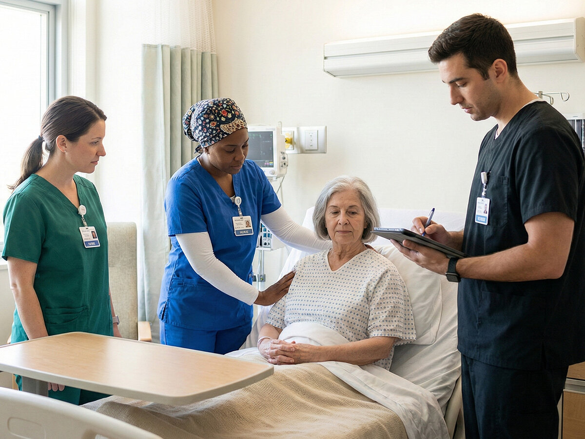 Eine junge Pflegeschülerin kümmert sich während einer Prüfungssituation um eine Pflegebedürftige.