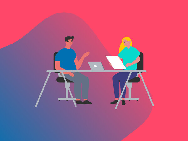 Illustration von zwei Personen mit Laptop und Dokument an einem Schreibtisch