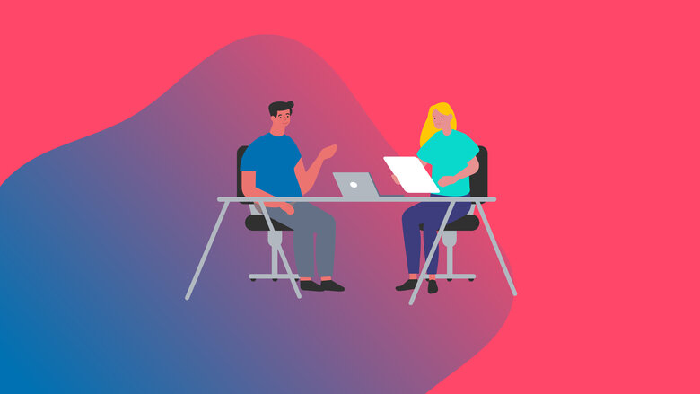 Illustration von zwei Personen mit Laptop und Dokument an einem Schreibtisch
