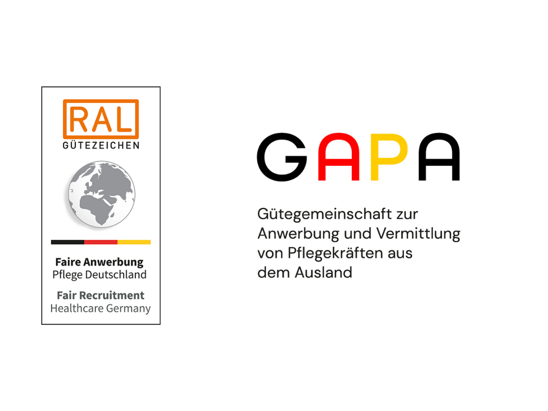 Das Gütesiegel "Faire Anwerbung Pflege Deutschland" und das Logo der Gütegemeinschaft Anwerbung und Vermittlung von Pflegekräften aus dem Ausland e.V.