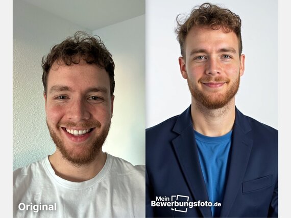 Privates Selfie-Bild eines jungen Mannes auf der linken Seite, rechts ein Bewerbungsbild passend zum Selfie