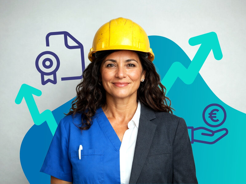 Frau mittleren Alters, die Teile unterschiedlicher Berufsbekleidung trägt