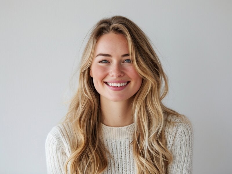 Porträt einer jungen Frau mit langen, blonden Haaren, die freundlich lächelt