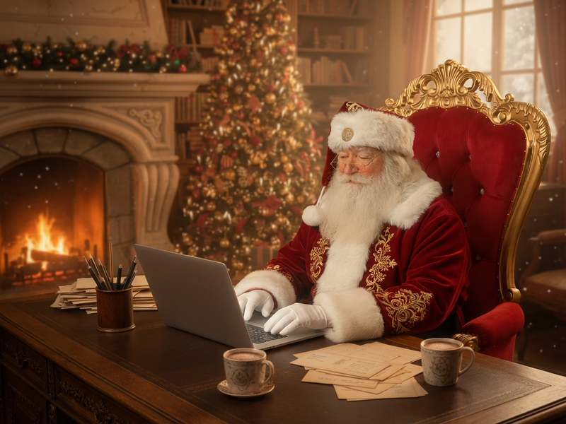 Der Weihanchtsmann sitzt am Laptop und arbeitet. Im Hintergrund ist sein Arbeitszimmer mit Kamin und Weihnachtsbaum zu sehen.