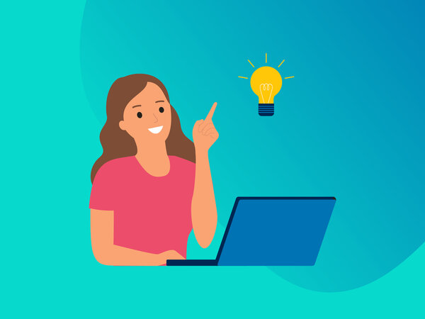 Illustration, Frau sitzt vor Laptop und eine Glühbirne schwebt über ihrem Kopf.
