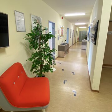 Eine Couch und eine Pflanze in einem langen Gang.