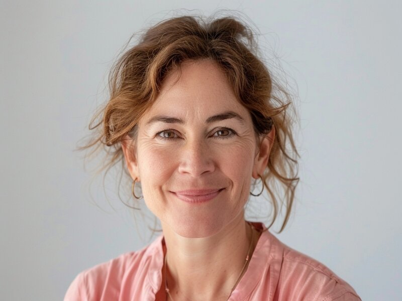 Porträt einer seriösen Frau, die selbstbewusst in die Kamera lächelt