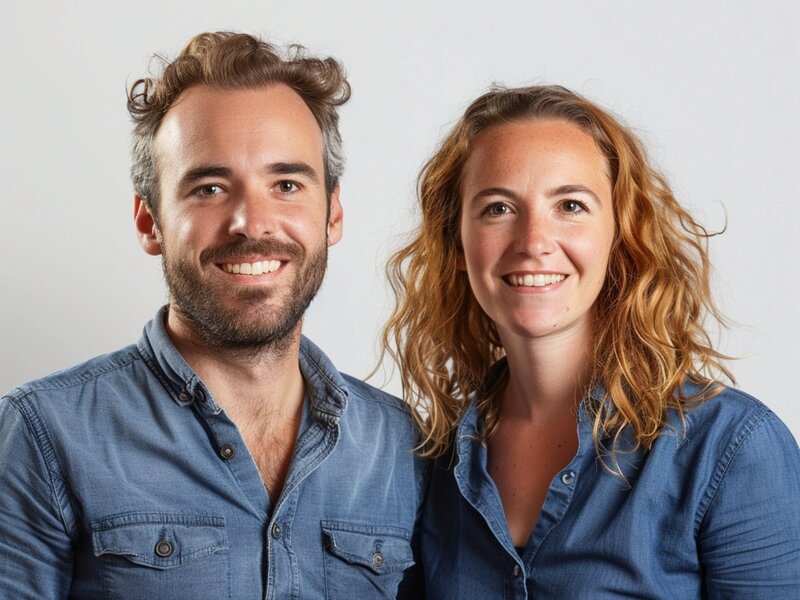 Porträt von einem Mann mit Bart und einer Frau, die beide ein Jeanshemd tragen und freundlich lächeln 