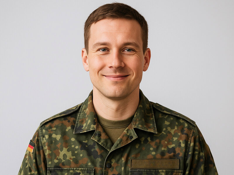 Porträt eines Soldaten in grüner Tarnuniform, der sympathisch lächelt.