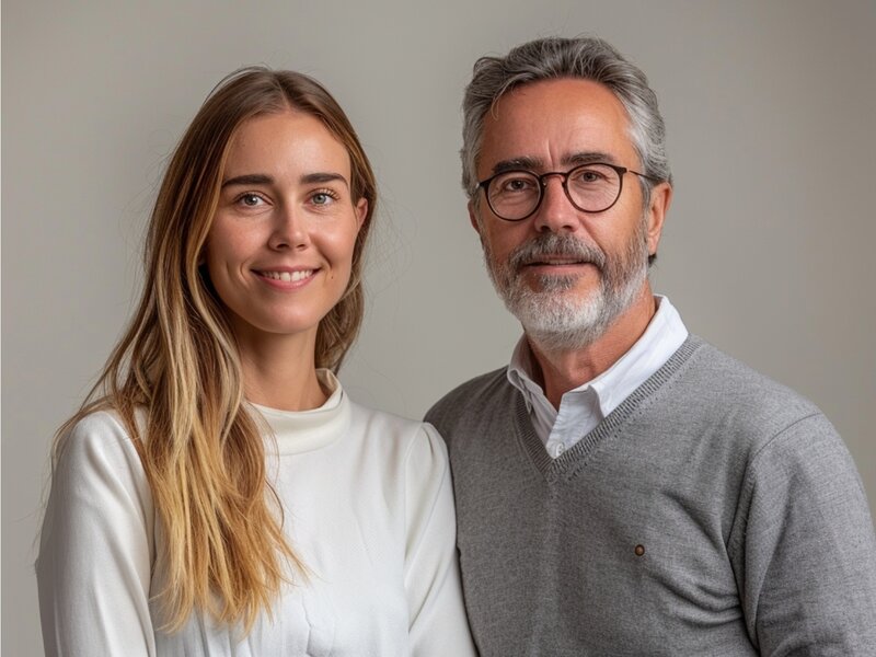 Porträt von einer jungen, blonden Frau und einem Mann im mittleren Alter mit grauen Harren, Brille und Bart