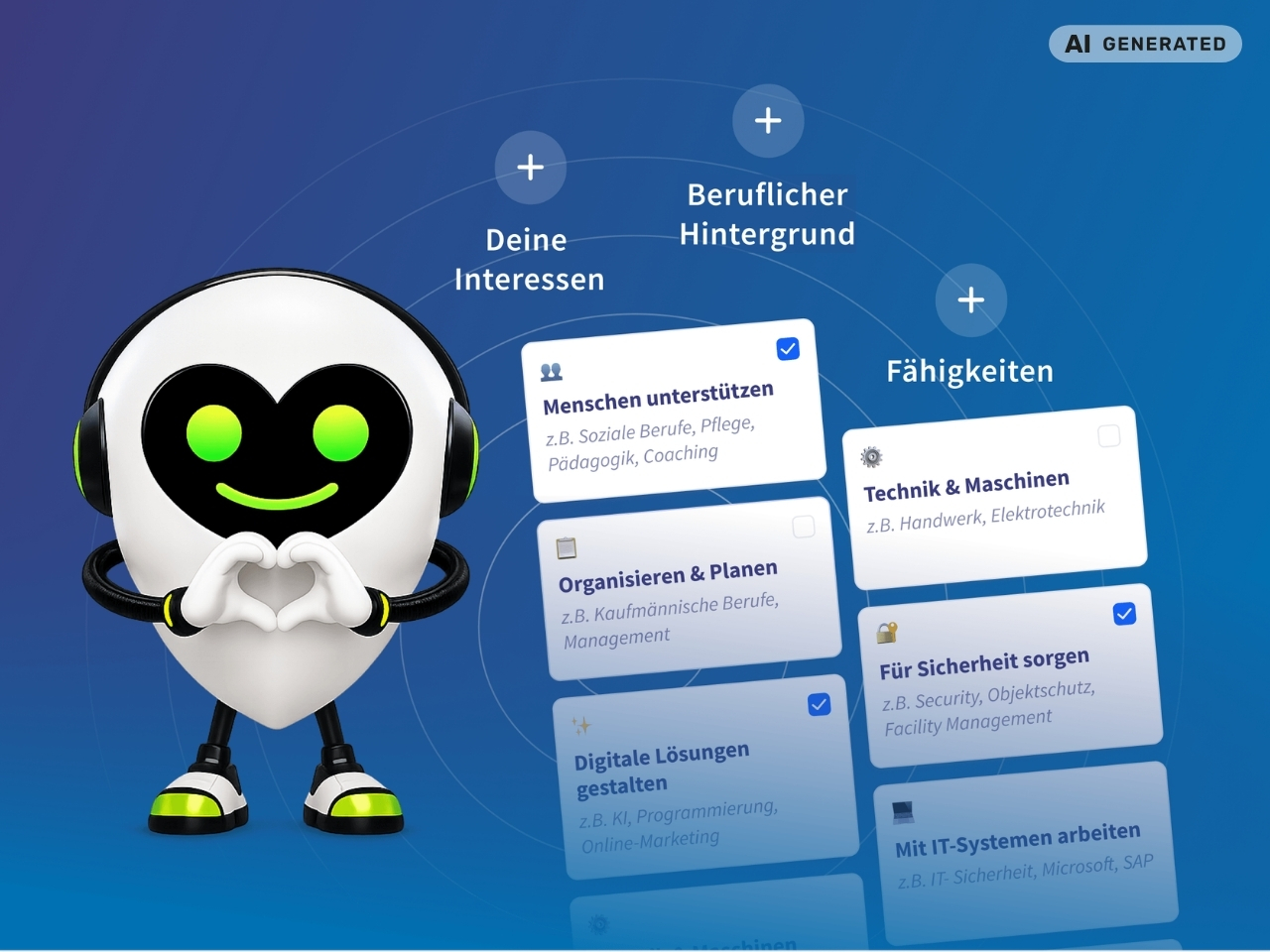 Roboter mit grün leuchtenden Augen formt mit Händen ein Herz, daneben schwebende Karten mit Kategorien zu Interessen, beruflichem Hintergrund und Fähigkeiten