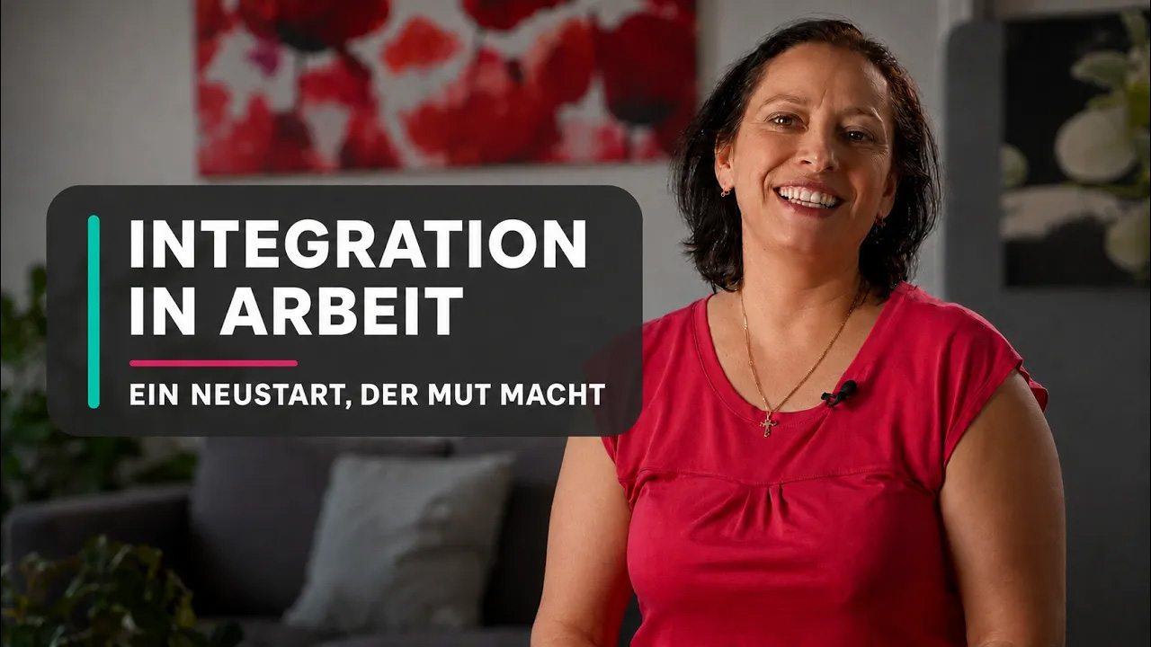 Eine Frau lächelt in die Kamera. Neben ihr ist eine Infografik zu sehen mit dem Text "Inbegration in Arbeit. Ein Neustart, der Mut macht."