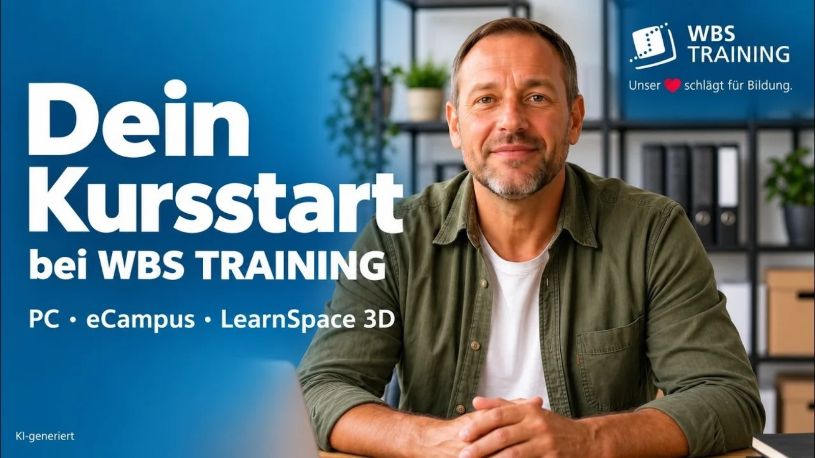 Mann mit grünem Hemd sitzt vor blauem Hintergrund mit Text 'Dein Kursstart bei WBS TRAINING' und WBS TRAINING Logo